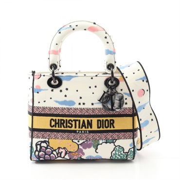 Christian Dior LADY D-LITE Medium 2Way Shoulder Handbag canvas White Multicolor