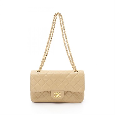 CHANEL Matelasse W flap Shoulder Bag A01112 Lamb sheep leather Beige Used GHW