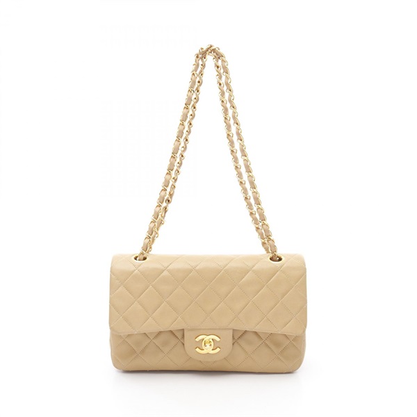 CHANEL Matelasse W flap Shoulder Bag A01112 Lamb sheep leather Beige Used GHW