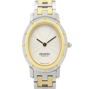 HERMES Clipper oval Wrist Watch CO1.220 Quartz Gold Plated SS Used Women