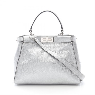 FENDI Peekaboo Regular Selleria Shoulder Handbag leather Silver Used crossbody
