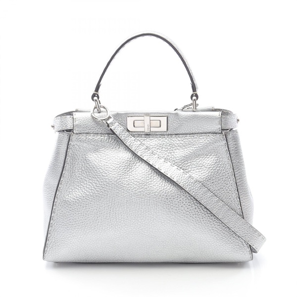 FENDI Peekaboo Regular Selleria Shoulder Handbag leather Silver Used crossbody