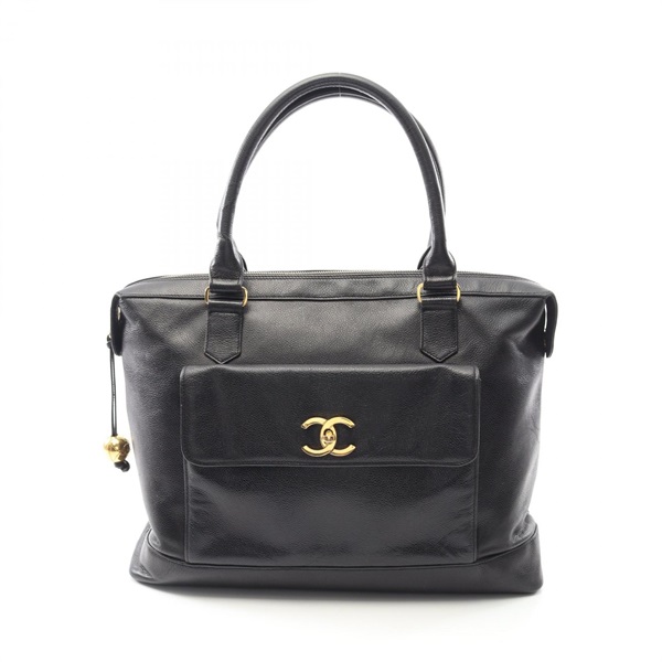 CHANEL COCO Mark Tote Hand Bag leather Grained calfskin Black Used Women GHW CC