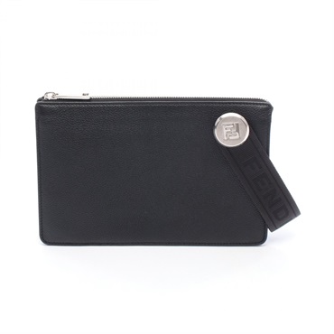 FENDI FF logo clutch bag 7VA621 leather Nylon Black Used mens