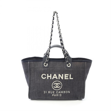 CHANEL Deauville Chain Shoulder Tote Bag A66941 denim leather Navy Used SHW CC