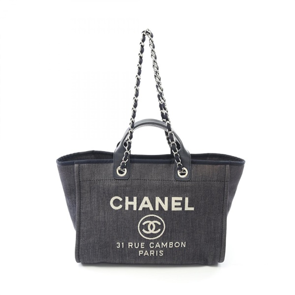 CHANEL Deauville Chain Shoulder Tote Bag A66941 denim leather Navy Used SHW CC