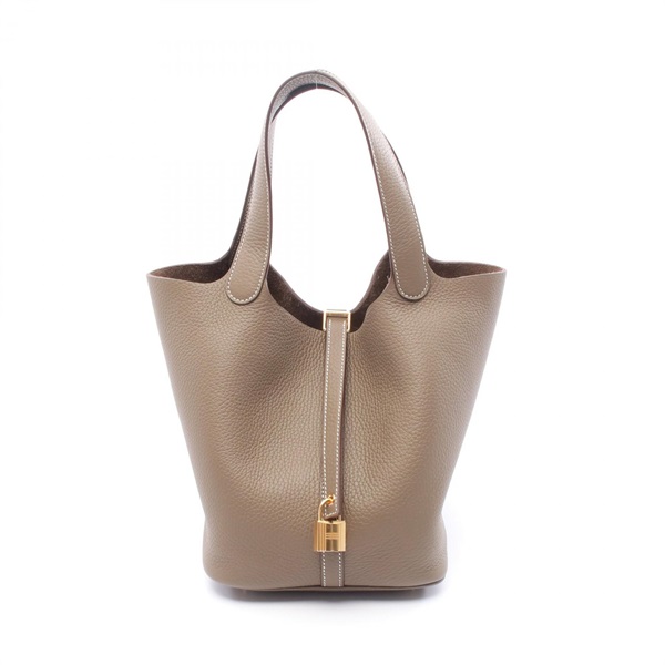 HERMES Picotin Lock MM Handbag W Clemence leather Etoupe Grey Women GHW