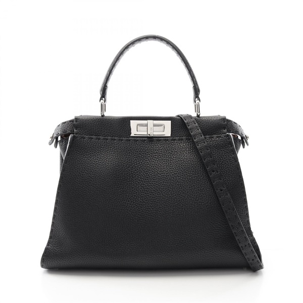 FENDI Peekaboo Regular Selleria Shoulder Handbag leather Black Used Women