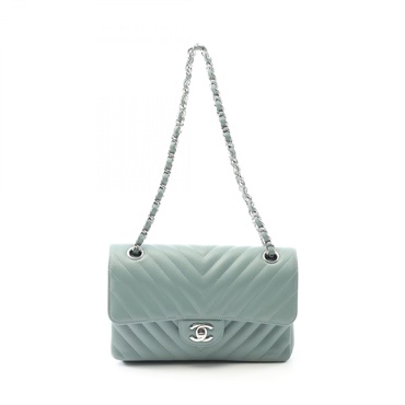 CHANEL Chevron V-stitch Double Flap Chain Shoulder Bag A01113 Lambskin Green SHW