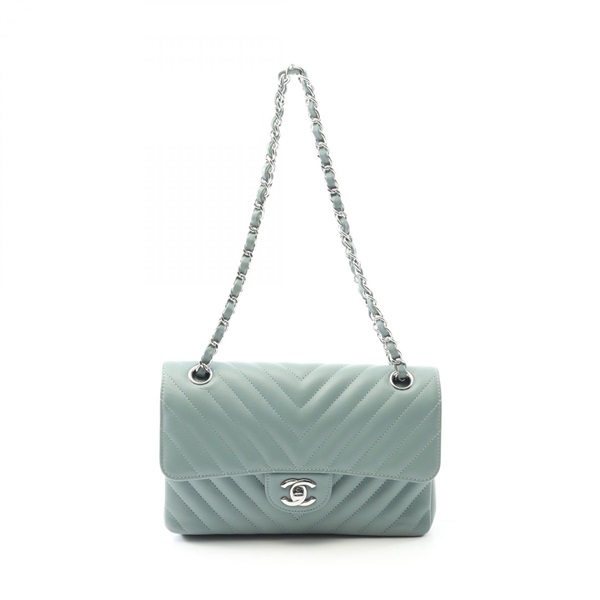 CHANEL Chevron V-stitch Double Flap Chain Shoulder Bag A01113 Lambskin Green SHW