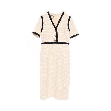 GUCCI Interlocking G Button Dress 572387 cotton Beige Black Used Women size 38