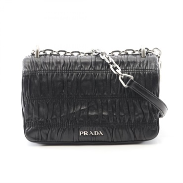 PRADA Logo Chain Shoulder Flap Bag 1BD137 Leather Black Used