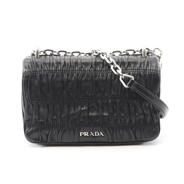 PRADA Logo Chain Shoulder Flap Bag 1BD137 Leather Black Used