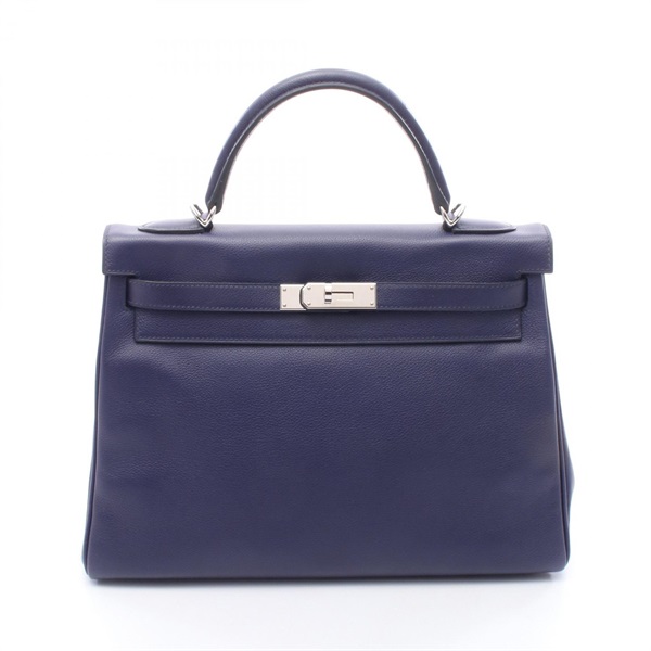 HERMES Kelly 32 Verso Shoulder Handbag Evercolor leather Blue encre Used D SHW