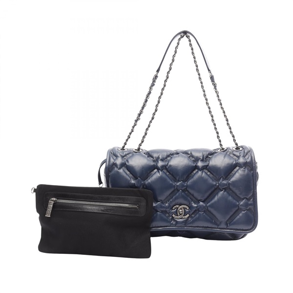CHANEL Bubble quilt Chain Shoulder Bag Lambskin sheep leather Blue Used Women CC