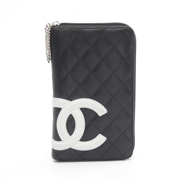 CHANEL Cambon Line Organizer Around Long Wallet leather Black White SHW Used CC