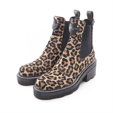 LOUIS VUITTON LV Bobble Line boots leather coated canvas Beige Black Used Women