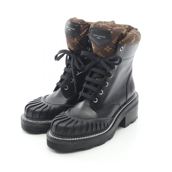 LOUIS VUITTON LV Beaubourg line boots leather Nylon Black Brown Used Women #39