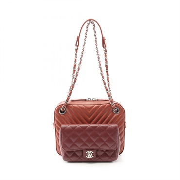 CHANEL V-Stitch Chevron Chain Shoulder Bag Lambskin Brown Bordeaux SHW Used