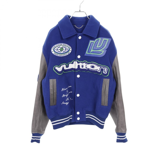 LOUIS VUITTON Varsity Blouson Jacket RM232 wool leather Blue Gray Used mens #46