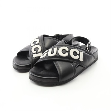GUCCI crossover Sandals shoes flat leather Black Used Women #9