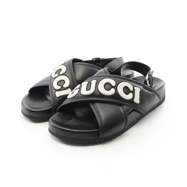 GUCCI crossover Sandals shoes flat leather Black Used Women #9