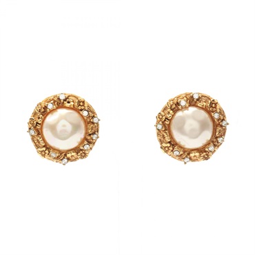 CHANEL Flower Earring Gold Plated Artificial pearl rhinestone White Used Women