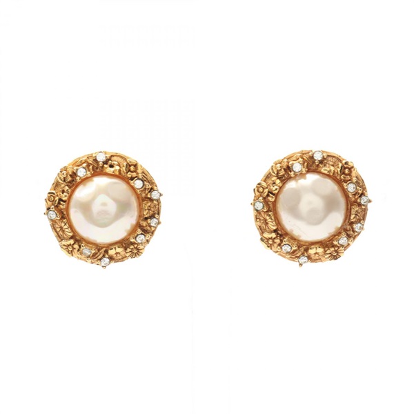 CHANEL Flower Earring Gold Plated Artificial pearl rhinestone White Used Women