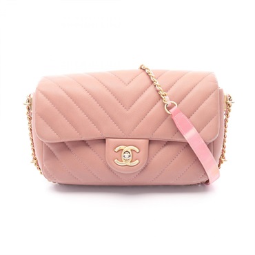 CHANEL Chevron V Stitch Crossbody Chain Shoulder Bag Leather Pink GHW Used Women