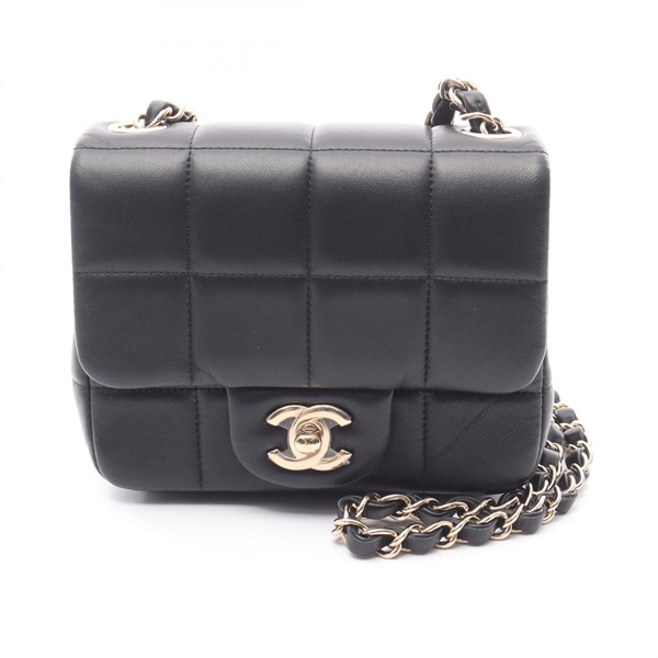 CHANEL Chocolate Bar Mini Flap Chain Shoulder Bag AS3744 Lambskin Black GHW Used