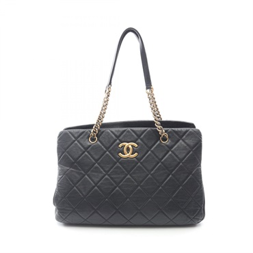CHANEL CC Crown Matelasse Chain Shoulder Tote Bag leather Black Used Women