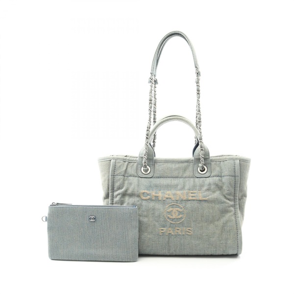 CHANEL Deauville Small Tote Chain Shoulder Bag AS3257 Denim Blue SHW Used Women
