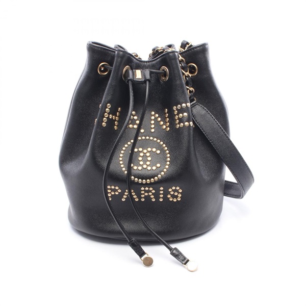 CHANEL Deauville Logo Drawstring Chain Shoulder Bag AS1045 Calfskin Black GHW