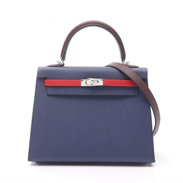 HERMES Kelly 25 tricolor Shoulder Handbag Epsom leather Navy Red Brown Used SHW
