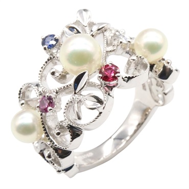 MIKIMOTO Pearl Diamond Ring 18KWG Gold Ruby Sapphire used women US size 4.5