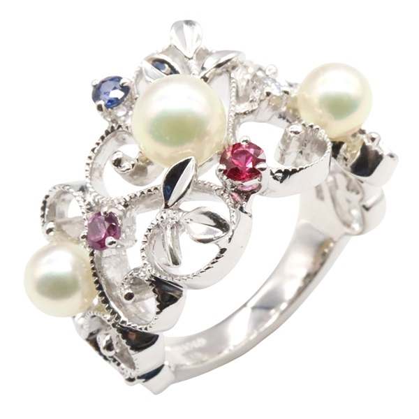 MIKIMOTO Pearl Diamond Ring 18KWG Gold Ruby Sapphire used women US size 4.5
