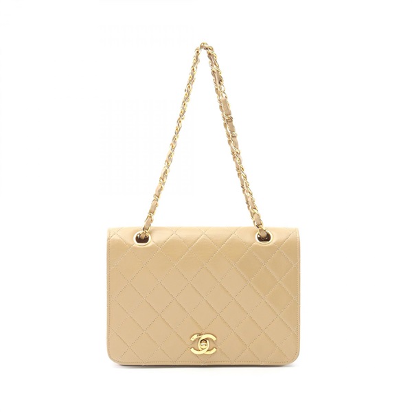 CHANEL Matelasse Single Flap Chain Shoulder Bag Lambskin Beige GHW Used
