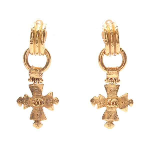 CHANEL COCO Mark Cross Earring Gold Plated Used women CC