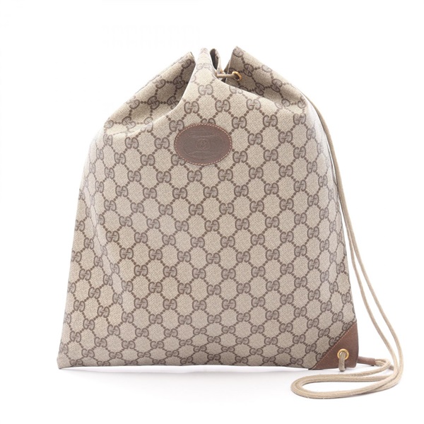 GUCCI Old Gucci GG plus drawstring bag 97 19 302 canvas leather Beige Brown Used