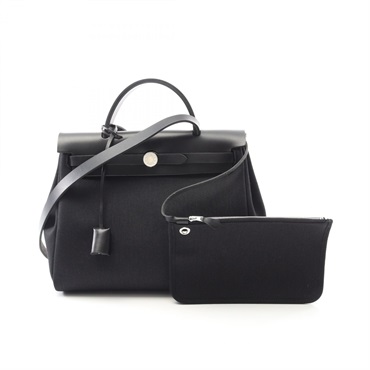 HERMES Herbag Zip PM Shoulder Handbag 068675CK Toile Military leather Black Used