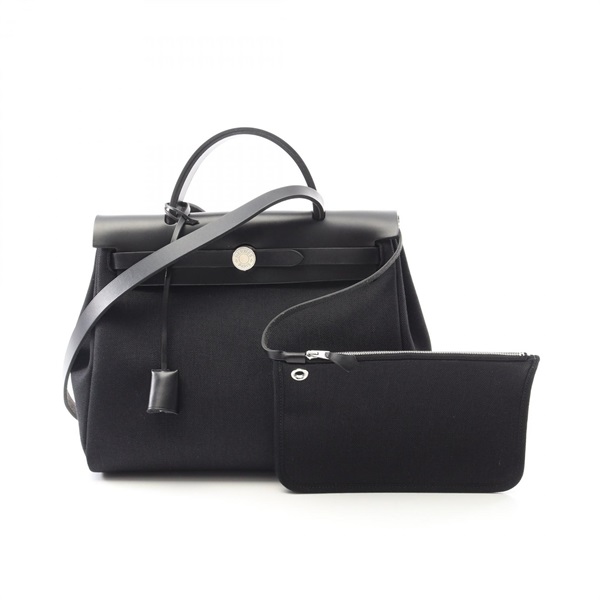 HERMES Herbag Zip PM Shoulder Handbag 068675CK Toile Military leather Black Used