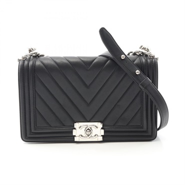 CHANEL Boy Chanel Chevron V Stitch Chain Shoulder Bag Lambskin Black SHW Used