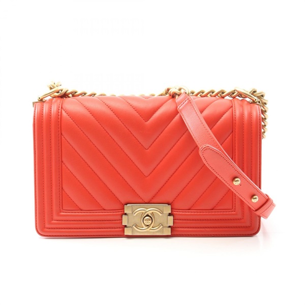 CHANEL Boy Chanel Chevron V Stitch Chain Shoulder Bag Lamb leather Red GHW CC