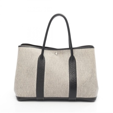 HERMES Garden party PM Tote Bag F Toile H canvas leather Gray Black Used SHW