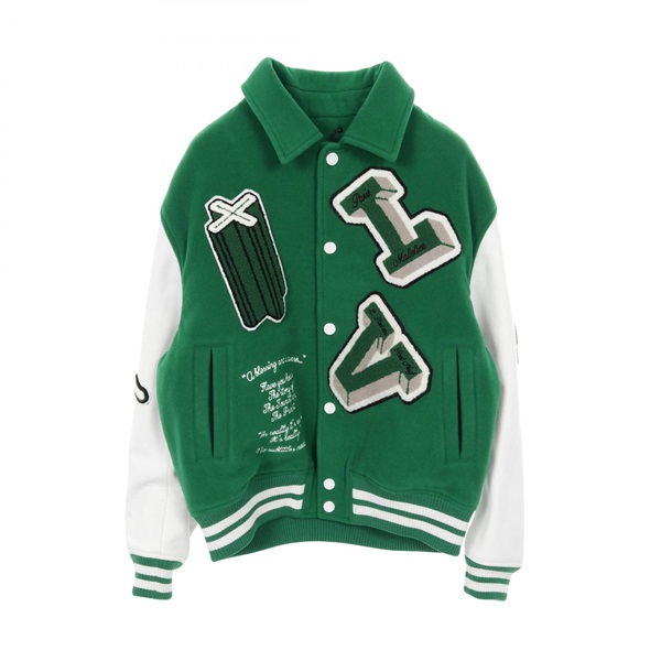 LOUIS VUITTON Embroidered Varsity Jacket wool leather Green White #52 Used Mens