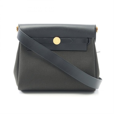 HERMES Her bag Zip Mini Shoulder Bag Toile military canvas hunter leather Black