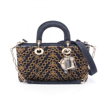 Christian Dior Lady Dior D-Joy Medium 2Way Shoulder Handbag denim Navy Brown