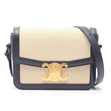 CELINE Teen Triomphe Shoulder Bag canvas leather Beige Navy Used Women