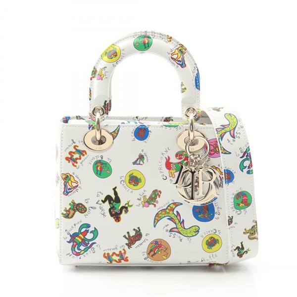 Christian Dior Lady Dior Small 2Way Shoulder Handbag leather White Multi Used CD