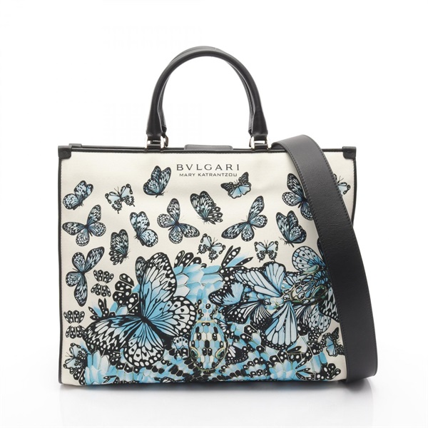 BVLGARI Serpenti Shoulder Hand Tote Bag canvas leather White Black Blue Used